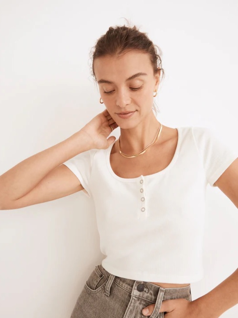 Madewell | White Ribbed Henley Crop Tee, M